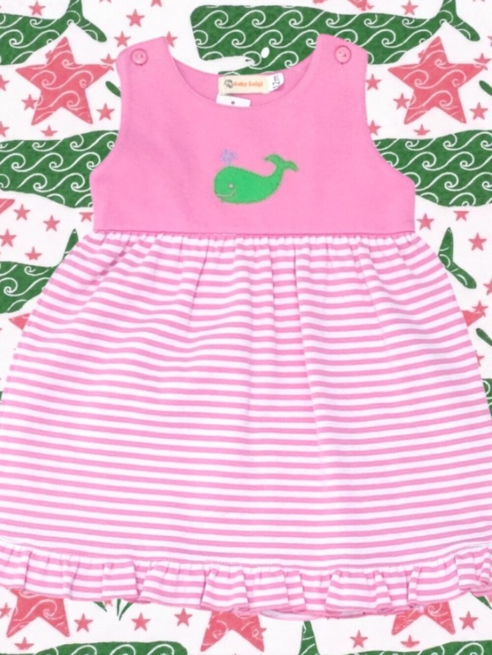 Baby Luigi Girl's Pink-and-White Horizontal Striped Whale Applique Dress